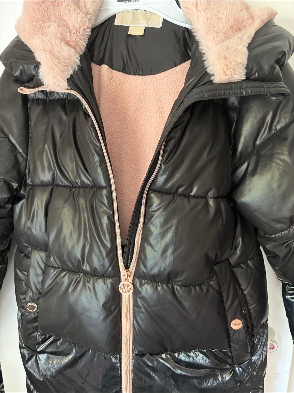 Michael Kors girls size 14  Black Puffer Coat with Pink Trim